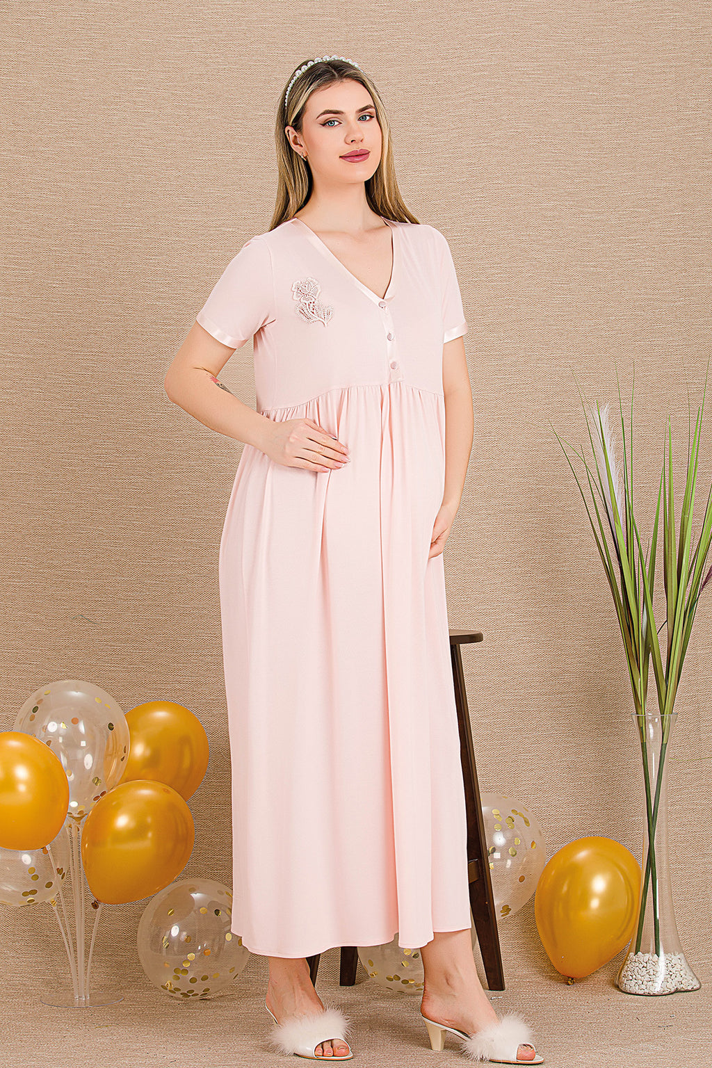 Embroidered Maternity Feeding-Friendly Nightgown Pink - Y33400