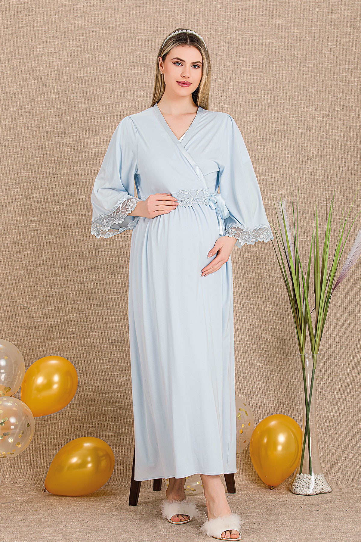 طقم قميص نوم مطرز للحوامل والرضاعة مع أكمام دانتيل أزرق - 33504