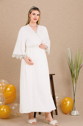 Embroidered Maternity-Nursing Nightgown & Lace Sleeve Robe Set Ecru - 33504