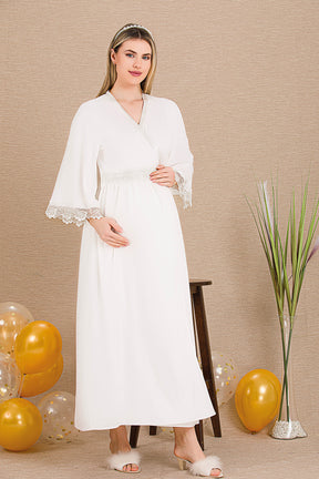 Embroidered Maternity-Nursing Nightgown & Lace Sleeve Robe Set Ecru - 33504