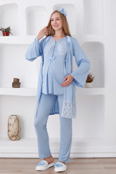 Lace Detailed 3-Pieces Maternity & Nursing Pajamas With Robe Blue - 3422