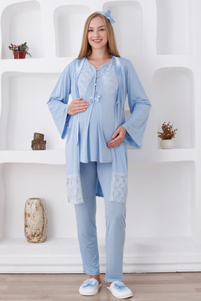 Lace Detailed 3-Pieces Maternity & Nursing Pajamas With Robe Blue - 3422