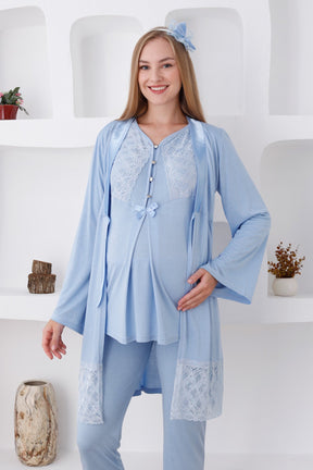 Lace Detailed 3-Pieces Maternity & Nursing Pajamas With Robe Blue - 3422
