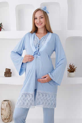 Lace Detailed 3-Pieces Maternity & Nursing Pajamas With Robe Blue - 3422