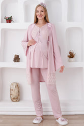 Lace Detailed 3-Pieces Maternity & Nursing Pajamas With Robe Powder - 3422