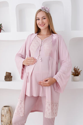 Lace Detailed 3-Pieces Maternity & Nursing Pajamas With Robe Powder - 3422