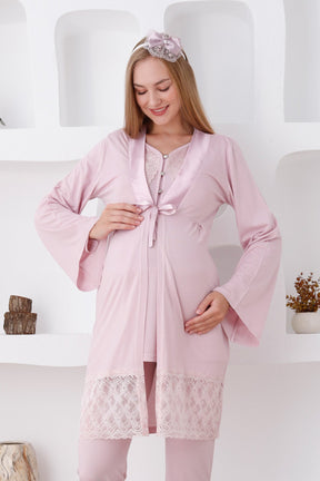 Lace Detailed 3-Pieces Maternity & Nursing Pajamas With Robe Powder - 3422