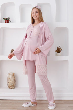 Lace Detailed 3-Pieces Maternity & Nursing Pajamas With Robe Powder - 3422