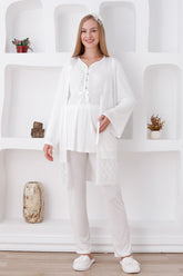 Lace Detailed 3-Pieces Maternity & Nursing Pajamas With Robe Ecru - 3422