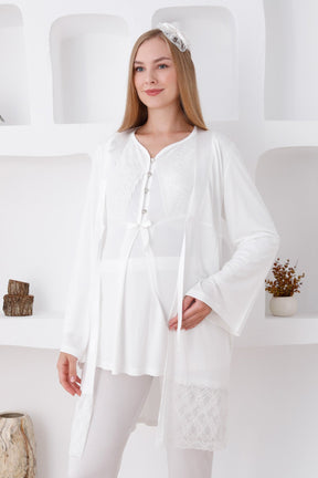 Lace Detailed 3-Pieces Maternity & Nursing Pajamas With Robe Ecru - 3422