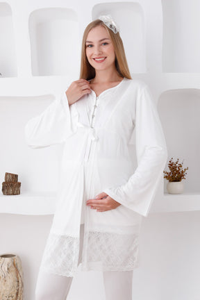 Lace Detailed 3-Pieces Maternity & Nursing Pajamas With Robe Ecru - 3422