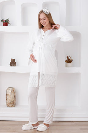 Lace Detailed 3-Pieces Maternity & Nursing Pajamas With Robe Ecru - 3422