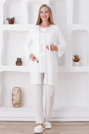 Lace Shoulder 3-Piece Maternity-Nursing Pajama & Robe Set Ecru - 3423