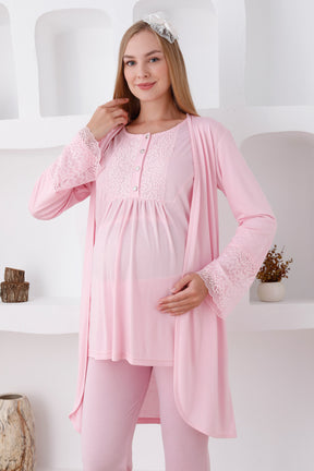 Lace Sleeve 3-Pieces Maternity & Nursing Pajamas With Robe Pink - 3427