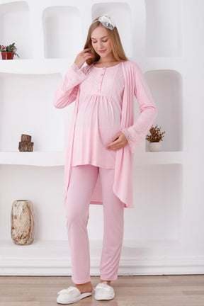 Lace Sleeve 3-Pieces Maternity & Nursing Pajamas With Robe Pink - 3427