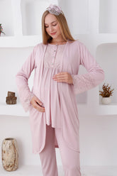 Lace Sleeve 3-Pieces Maternity & Nursing Pajamas With Robe Powder - 3427