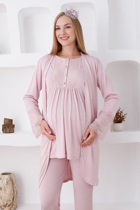 Lace Sleeve 3-Pieces Maternity & Nursing Pajamas With Robe Powder - 3427