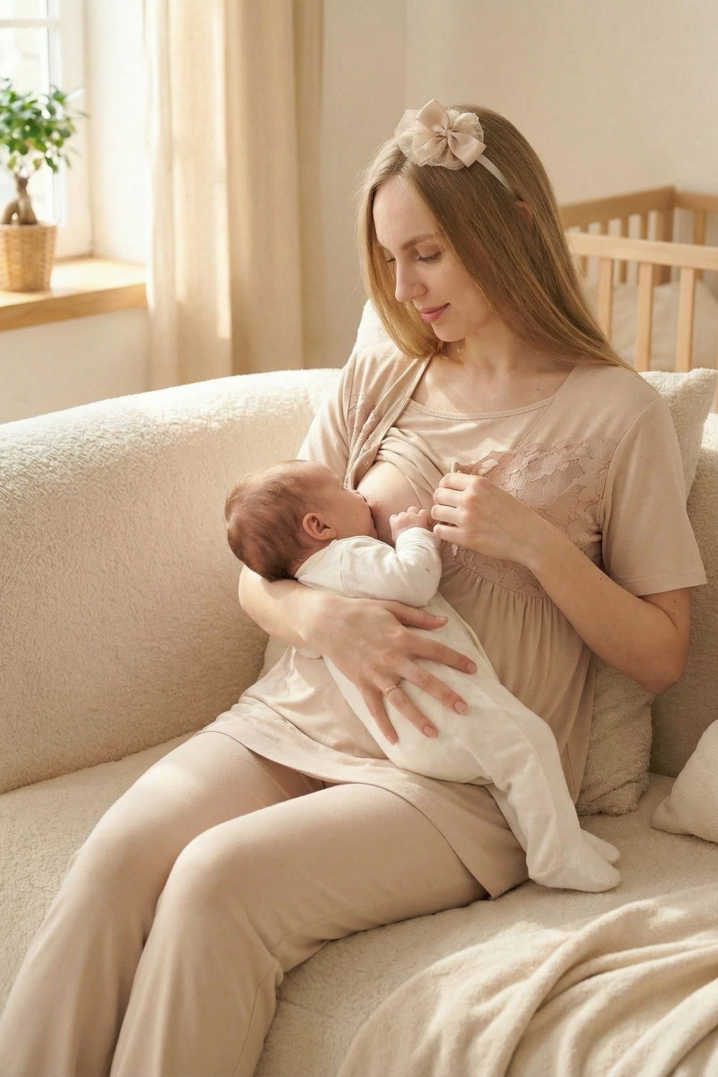 Leaf Lacy Collar 3-Piece Maternity-Nursing Pajama & Leaf Lacy Sleeve Robe Set Mink - 3431