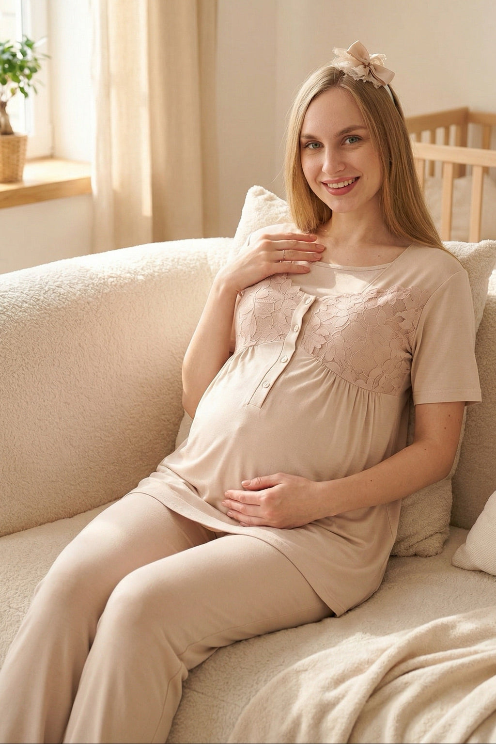 Leaf Lacy Collar 3-Piece Maternity-Nursing Pajama & Leaf Lacy Sleeve Robe Set Mink - 3431