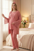 Leaf Lacy Collar 3-Piece Maternity-Nursing Pajama & Leaf Lacy Sleeve Robe Set Pomegranate Red - 3431