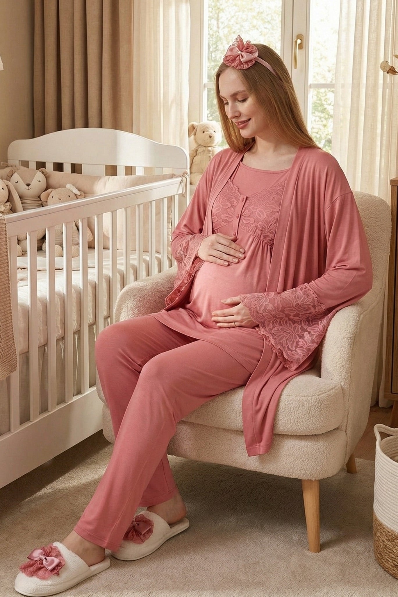 Leaf Lacy Collar 3-Piece Maternity-Nursing Pajama & Leaf Lacy Sleeve Robe Set Pomegranate Red - 3431