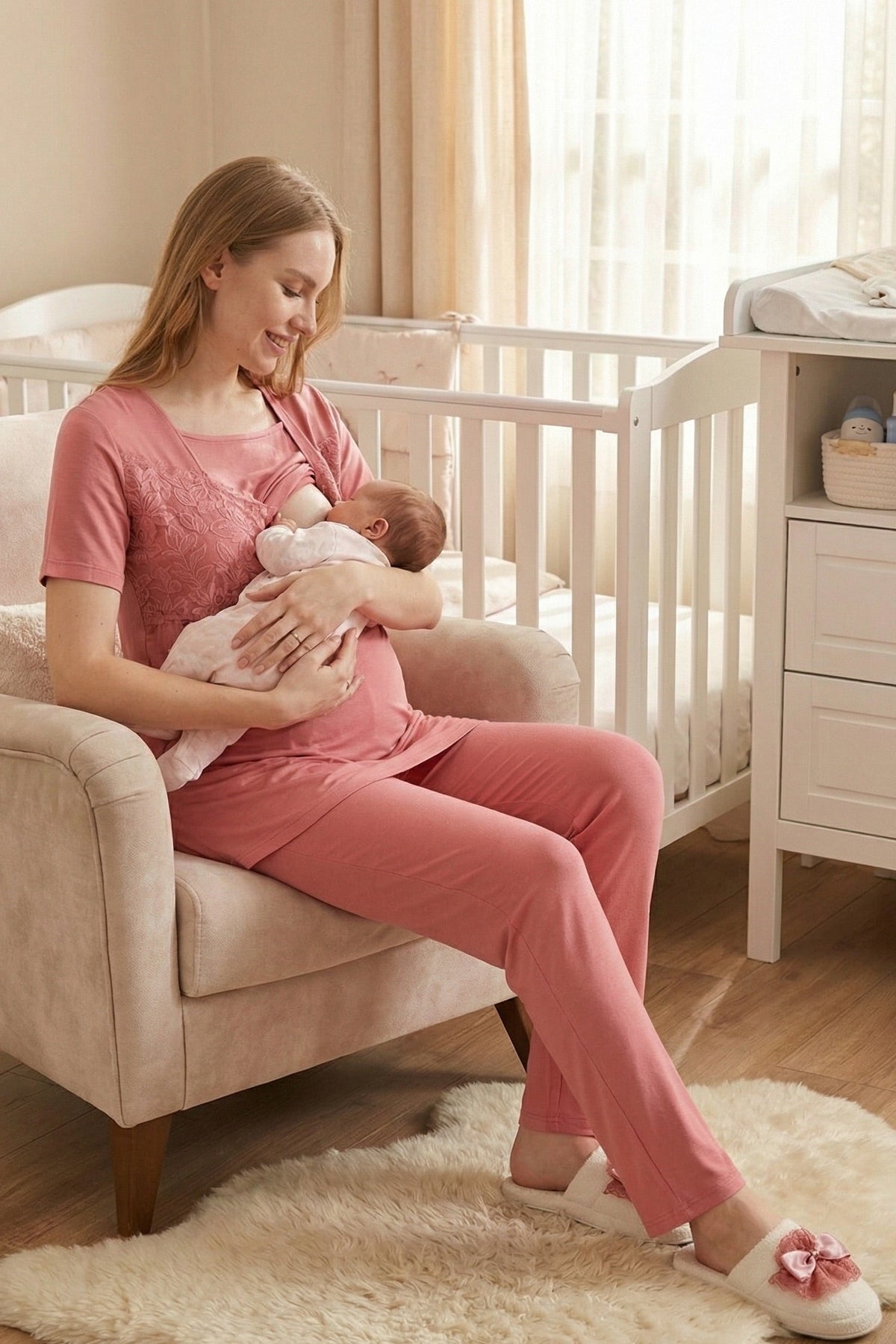 Leaf Lacy Collar 3-Piece Maternity-Nursing Pajama & Leaf Lacy Sleeve Robe Set Pomegranate Red - 3431