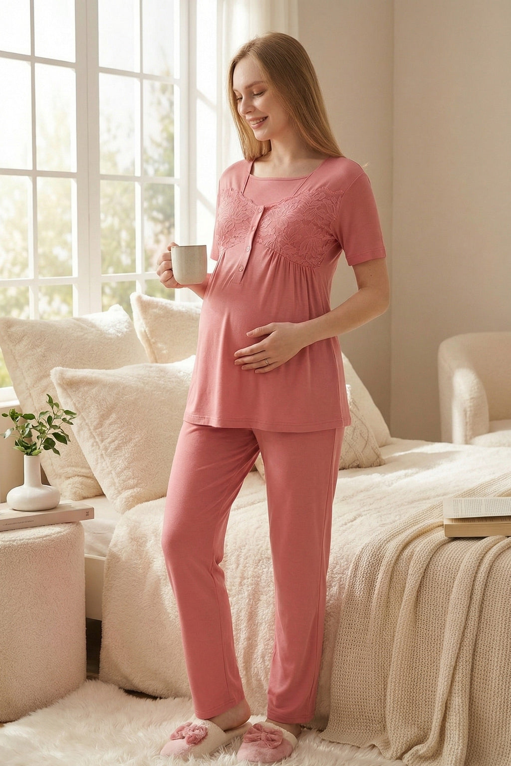 Leaf Lacy Collar 3-Piece Maternity-Nursing Pajama & Leaf Lacy Sleeve Robe Set Pomegranate Red - 3431
