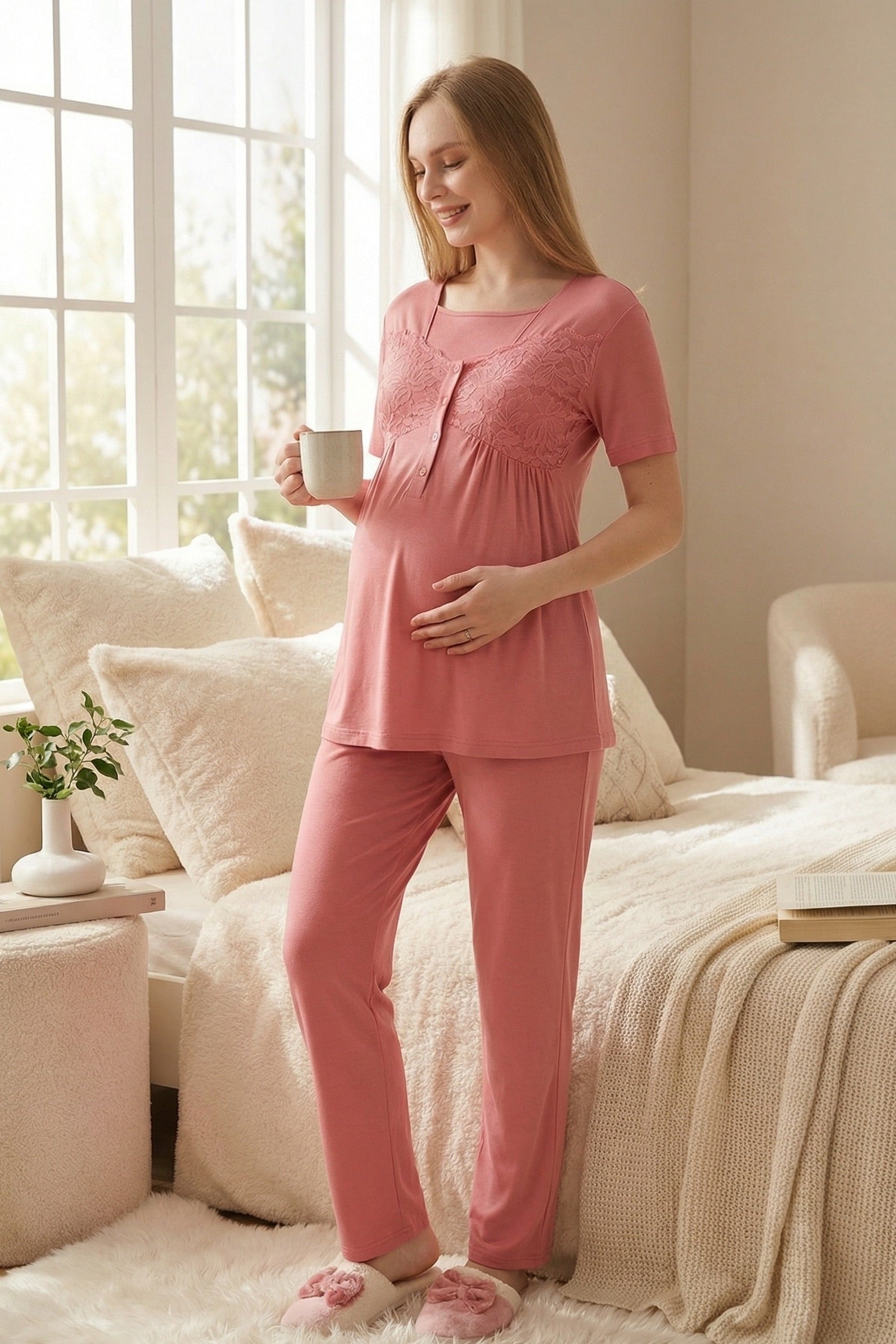 Leaf Lacy Collar 3-Piece Maternity-Nursing Pajama & Leaf Lacy Sleeve Robe Set Pomegranate Red - 3431