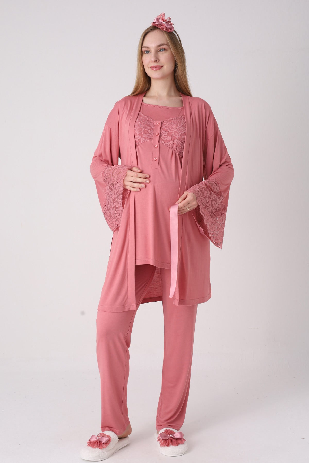 Leaf Lacy Collar 3-Piece Maternity-Nursing Pajama & Leaf Lacy Sleeve Robe Set Pomegranate Red - 3431