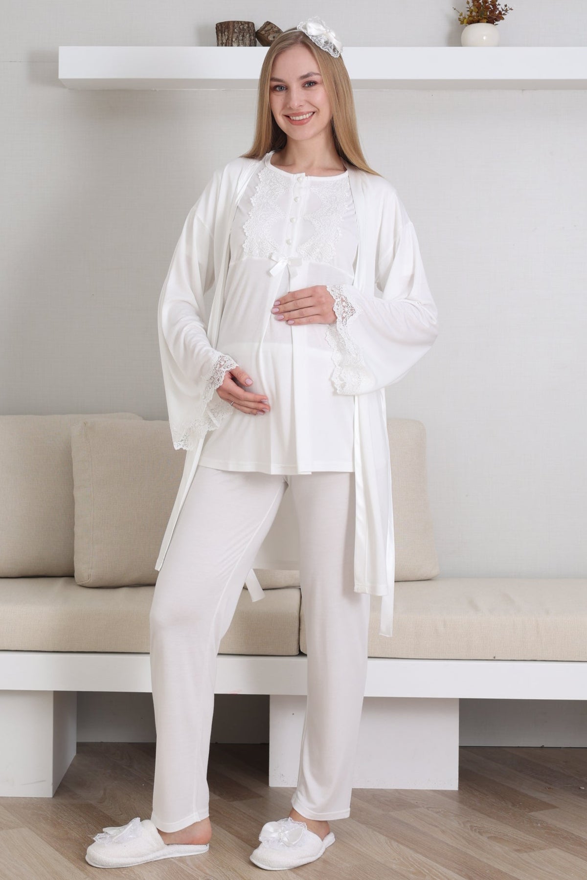 Guipure Collar 3-Piece Maternity-Nursing Pajama & Robe Set Ecru - 3433