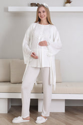 Guipure Collar 3-Piece Maternity-Nursing Pajama & Robe Set Ecru - 3433