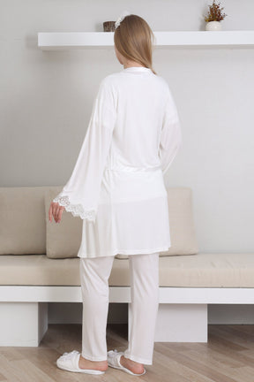 Guipure Collar 3-Piece Maternity-Nursing Pajama & Robe Set Ecru - 3433