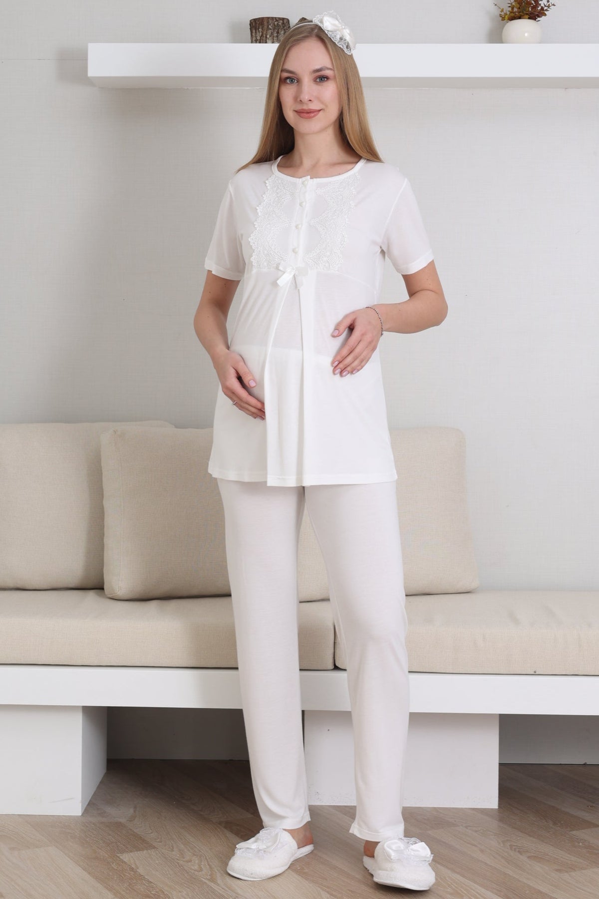 Guipure Collar 3-Piece Maternity-Nursing Pajama & Robe Set Ecru - 3433