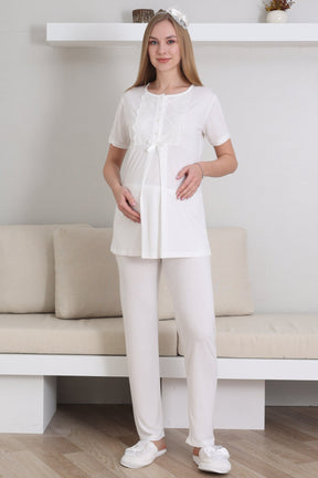 Guipure Collar 3-Piece Maternity-Nursing Pajama & Robe Set Ecru - 3433