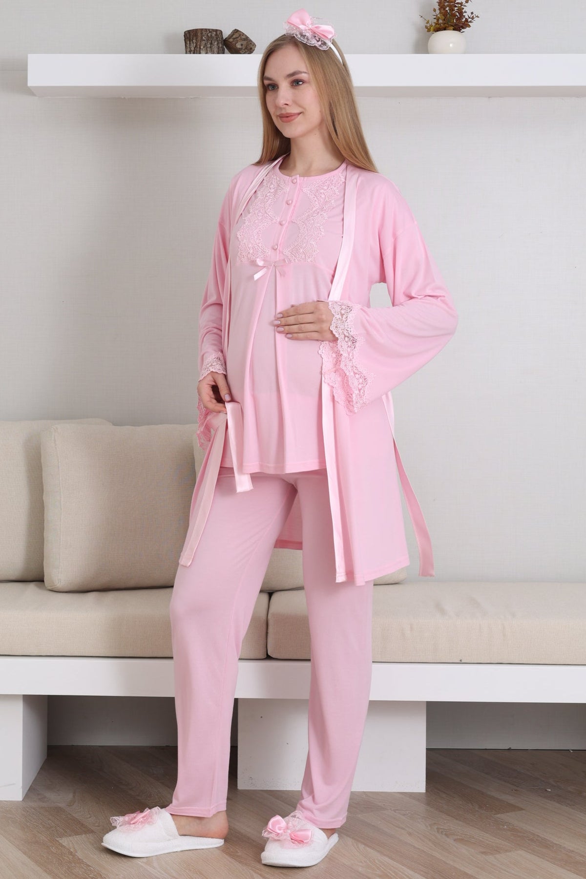 Guipure Collar 3-Piece Maternity-Nursing Pajama & Robe Set Pink - 3433