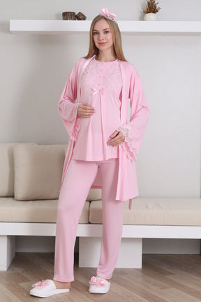 Guipure Collar 3-Piece Maternity-Nursing Pajama & Robe Set Pink - 3433