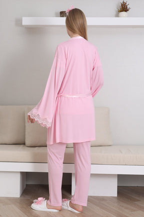 Guipure Collar 3-Piece Maternity-Nursing Pajama & Robe Set Pink - 3433