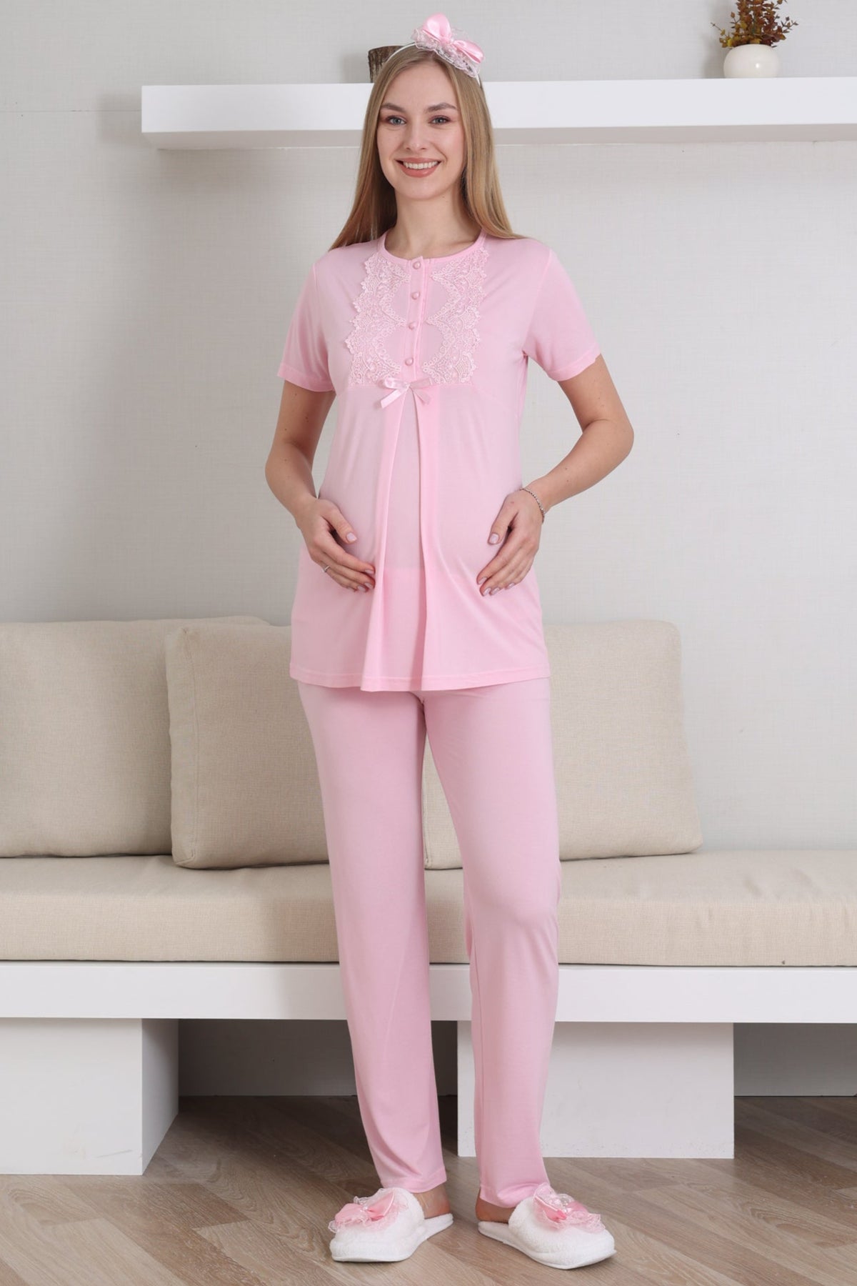 Guipure Collar 3-Piece Maternity-Nursing Pajama & Robe Set Pink - 3433