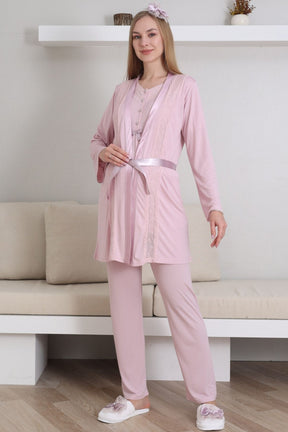 Lace V-Collar 3-Piece Maternity-Nursing Pajama & Robe Set Powder - 3435