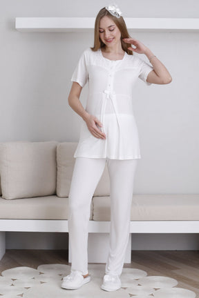 Vintage Lace 3-Piece Maternity-Nursing Pajama & Robe Set Ecru - 3437
