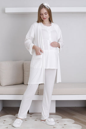 Vintage Lace 3-Piece Maternity-Nursing Pajama & Robe Set Ecru - 3437