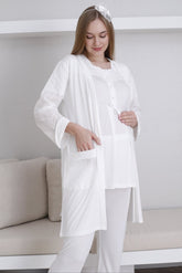 Vintage Lace 3-Piece Maternity-Nursing Pajama & Robe Set Ecru - 3437