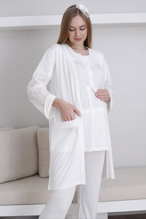Vintage Lace 3-Piece Maternity-Nursing Pajama & Robe Set Ecru - 3437