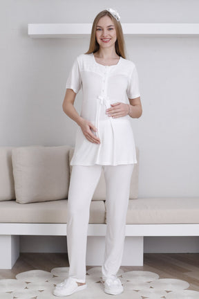 Vintage Lace 3-Piece Maternity-Nursing Pajama & Robe Set Ecru - 3437