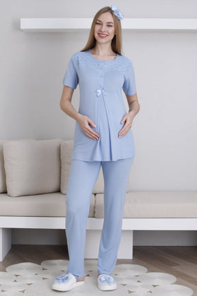 Vintage Lace 3-Piece Maternity-Nursing Pajama & Robe Set Blue - 3437