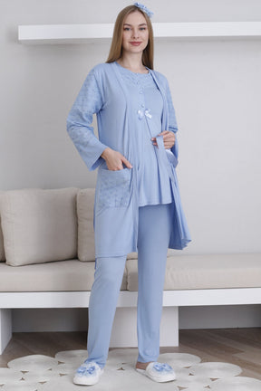 Vintage Lace 3-Piece Maternity-Nursing Pajama & Robe Set Blue - 3437