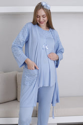 Vintage Lace 3-Piece Maternity-Nursing Pajama & Robe Set Blue - 3437