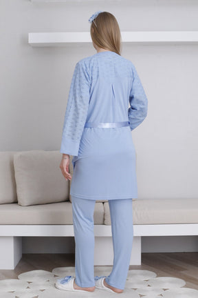 Vintage Lace 3-Piece Maternity-Nursing Pajama & Robe Set Blue - 3437