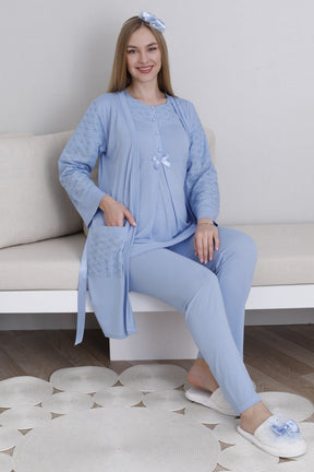 Vintage Lace 3-Piece Maternity-Nursing Pajama & Robe Set Blue - 3437