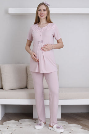 Vintage Lace 3-Piece Maternity-Nursing Pajama & Robe Set Powder - 3437